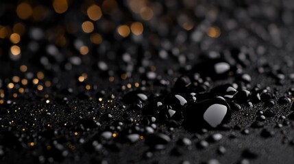 Sparkling golden bokeh lights reflecting in macro water droplets on a black surface, creating an abstract and luxurious background