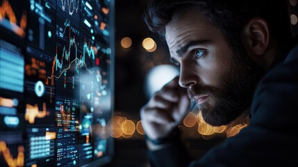 Focused Analyst Scrutinizing Data on a Futuristic Display