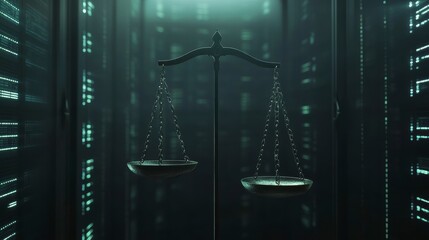 Poster - Scales of justice in a digital server room, representing cybersecurity law and data privacy.