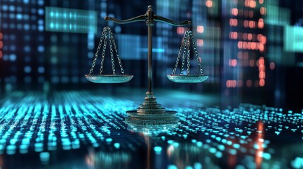 Poster - Scales of justice on digital background, symbolizing legal tech and cyberlaw.