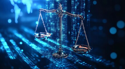 Poster - Digital scales of justice; binary code background.