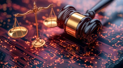 Aufkleber - Gavel and scales of justice on a circuit board.