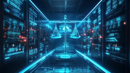 Poster - Cyber justice scales in digital server room.