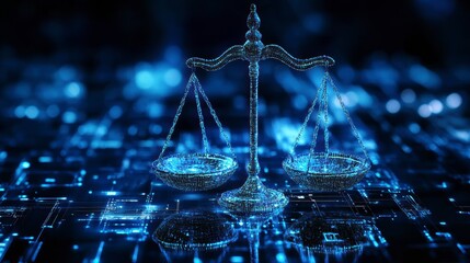 Poster - Digital scales of justice on a circuit board background.