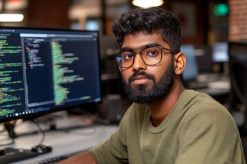 Focused Programmer: Young Man Coding on Computer