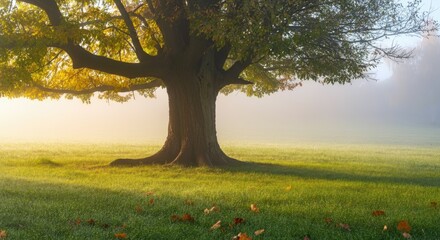 Wall Mural - majestic tree in misty morning sunlight, surrounded by fallen leaves and green grass