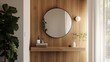 © zulvida - Modern vanity with round mirror and wood shelf