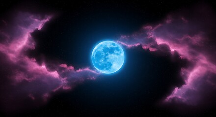 Wall Mural - a celestial scene, with a glowing blue moon surrounded by soft pink and purple nebulas.