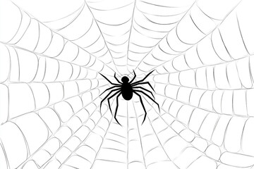 A black spider sits in the middle of a white spiderweb with a white background illustration art