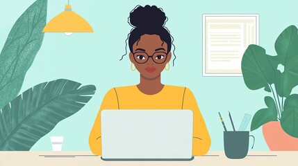Woman software developer coding on a laptop in modern tech office with plants and bright decor