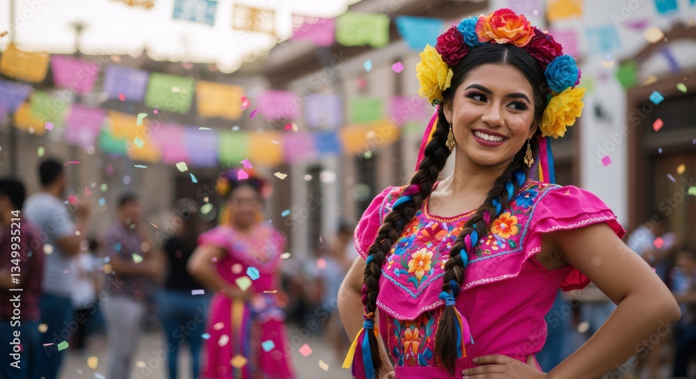 Smiling woman in traditional Mexican dress with colorful flower crown celebrating cultural festival. Hispanic female in pink embroidered outfit with papel picado banners and confetti background.