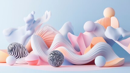 Aufkleber - Abstract pastel-colored 3D shapes, swirls, and spheres on a light blue background.