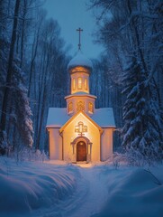 Wall Mural - snowy forest church