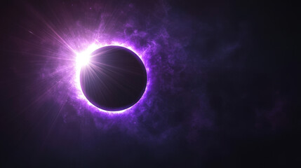 Wall Mural - solar eclipse circles showing moon covering sun on dark background. glowing purple neon rings with b