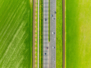 Wall Mural - drone view of a road in the middle of a field. landscape from a drone. road and transport. car traff