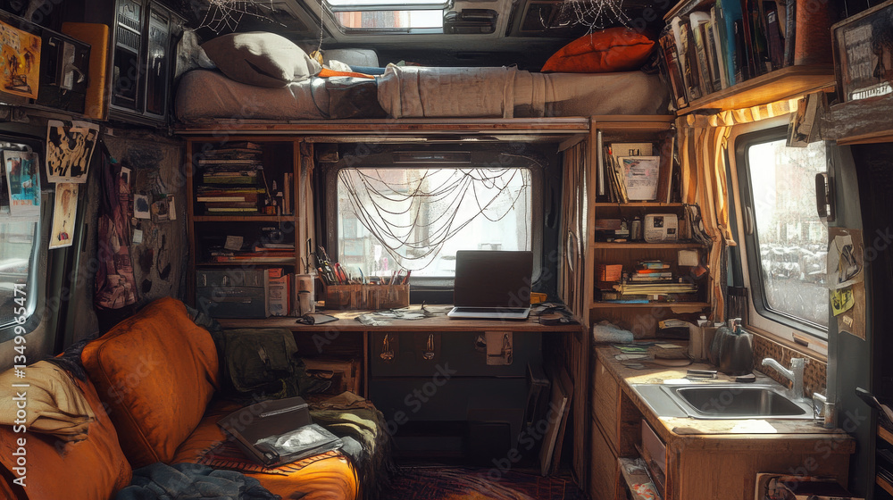 Abandoned camping trailer car interior with loft bed, ragged couch ...