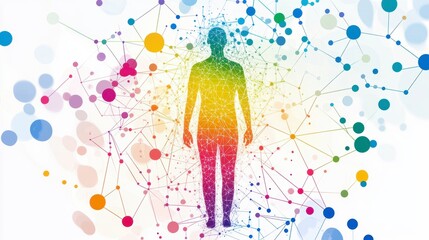 Poster - Colorful human figure surrounded by interconnected nodes, representing network, connection, and energy.