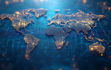 Glowing world map with network connections.