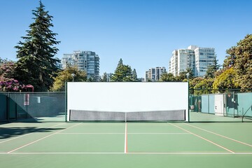 a pristine green outdoor paddle tennis court with a blank white backboard, set against a backdrop of