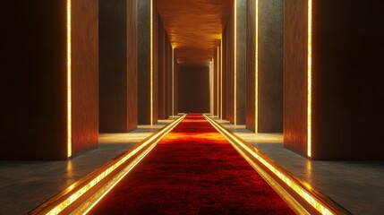 Leinwandbilder - Red carpet in a futuristic, dimly lit corridor with glowing yellow lines on the sides.