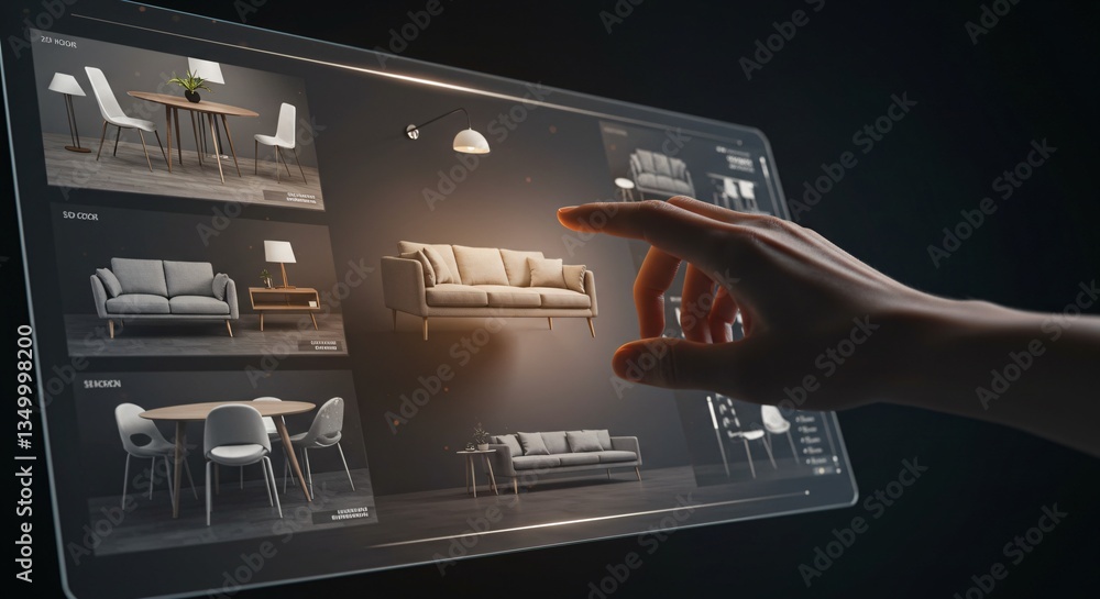 Hand interacting with furniture catalog on transparent display. Home ...