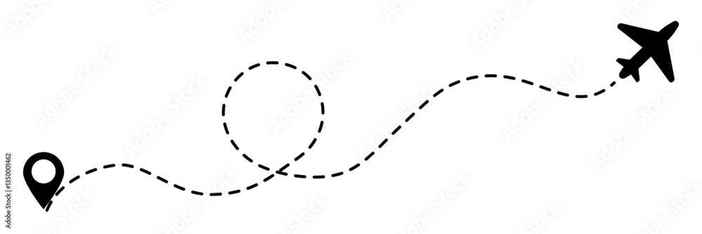 Transparent Flight Route Minimalist airplane travel path with map pins. Dashed route line ...