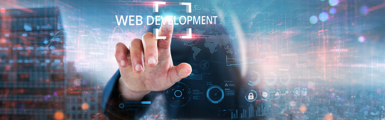 Web Development: Businessman touches futuristic data and global network, coding frameworks, responsive design, user interface, database integration, front-end development, and backend architecture.