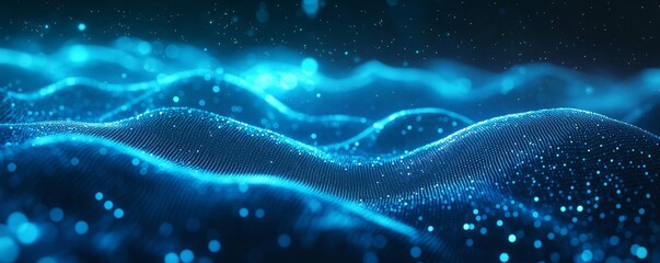 Wall Mural - an abstract digital landscape with flowing blue energy waves and particles creating a futuristic aesthetic. It evokes a sense of technology, data, and digital innovation