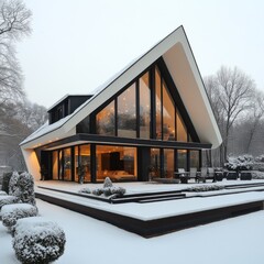 Aufkleber - Contemporary A-Frame Home in Winter: A Modern Architectural Marvel amidst a Snow-Covered Landscape