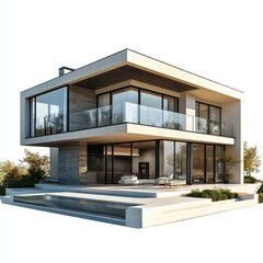Aufkleber - Contemporary Architecture: A Two-Story Modern House with a Flat Roof and Striking Glass Balconies Overlooking a Tranquil Pool.