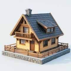 Aufkleber - Cozy Wooden Cabin with Balcony, Slate Roof and Stone Chimney on a Small Platform - Architectural Visualization