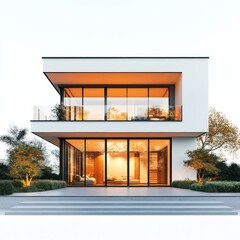 Aufkleber - Modern Minimalist House with Warm Interior Lighting and Lush Greenery, a contemporary architectural dream.