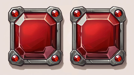 Golden vintage game frames, ui medieval square red buttons withnborders from metal, gems. Cartoon empty metallic bordering with gemstone isolated design elements, Vector illustration set