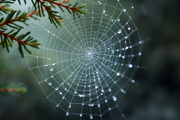 Intricate spider web, morning dew drops, pine branches, bokeh background, macro photography, ethereal light, natural symmetry, delicate structure, dewdrops like pearls, forest detail, misty atmosphere