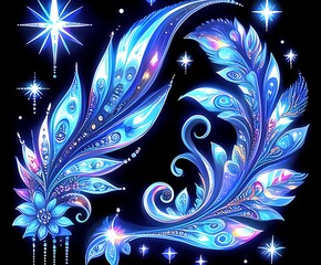 glowing blue fantasy feathers and stars.