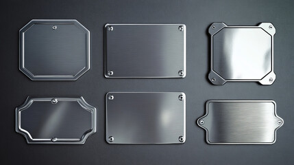 Steel metal tag plate of rectangular, square and hexagon shape with rivets. Realistic vector set of blank aluminum nameplates or boards with screws. Chrome surface empty plaque or frame mockup.