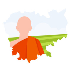 a monk in an orange robe against the background of a silhouette map of cambodia and a landscape of f