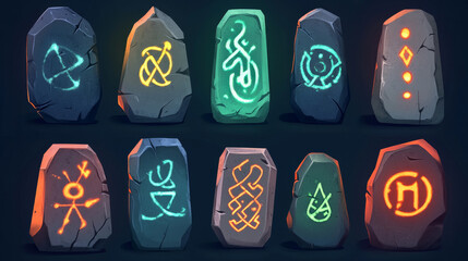 rune stones with sacred glyphs for game design isolated on white background. vector cartoon set of a