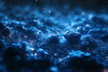 glowing blue rocks and dust in space.