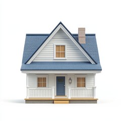 Aufkleber - Charming Cottage with Blue Roof and White Siding: A Detailed 3D Architectural Rendering on a Clean White Backdrop