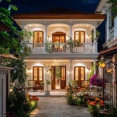 Aufkleber - Elegant Two-Story Home Bathed in Warm Light at Twilight, Surrounded by Lush Gardens and Classic Architectural Details