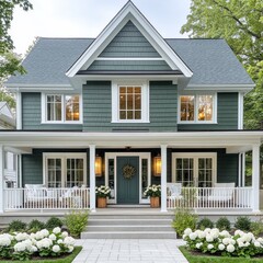 Aufkleber - Elegant Two-Story Home with a Charming Front Porch and Lush Landscaping: A Welcoming American Dream