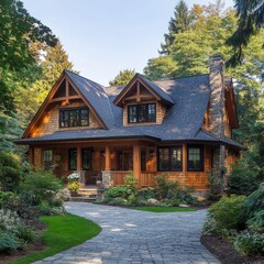 Aufkleber - Idyllic Craftsman Home in Wooded Setting with Cobblestone Driveway & Lush Landscaping
