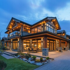 Aufkleber - Stunning Modern Stone House Illuminated at Dusk with Architectural Details and Landscaped Garden