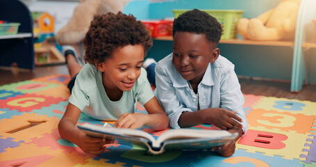 Aufkleber - Friends, boy and book on floor in classroom, learning and together for education at academy. Children, happy and info on mat with literacy, development or reading for scholarship at elementary school