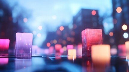 Wall Mural - futuristic city street at night with glowing cubes