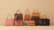 © Orkhan - A collection of stylish women's leather handbags displayed against a beige background, showcasing trendy accessories