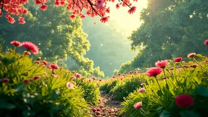 Aufkleber - A scenic path leads through a vibrant garden with pink flowers under a blossoming tree.
Concept of: Spring beauty.