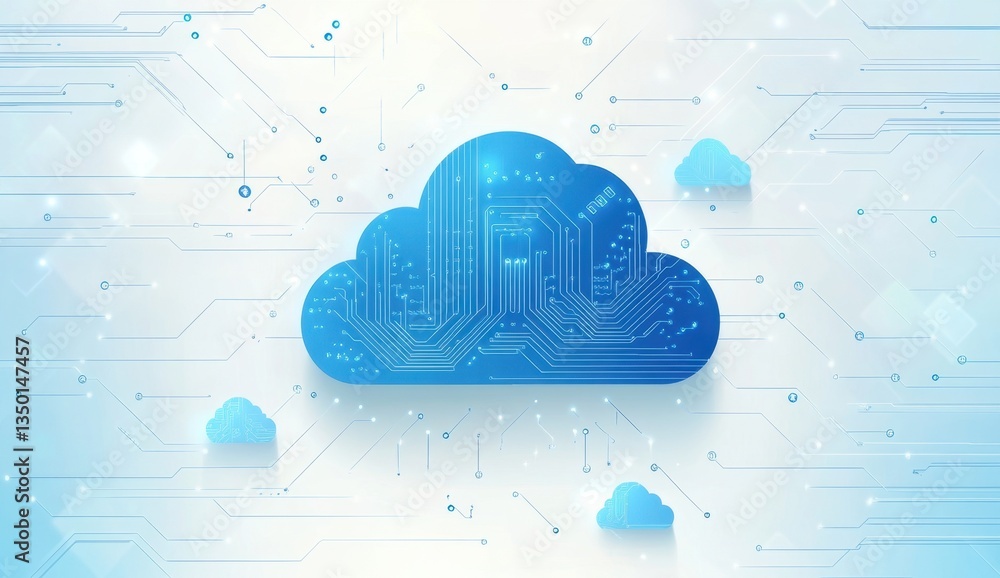 Cloud technology background with circuit board and blue clouds with ...