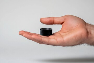 Wall Mural - a human hand holding a small black object. the contrast highlights details of the hand and the objec